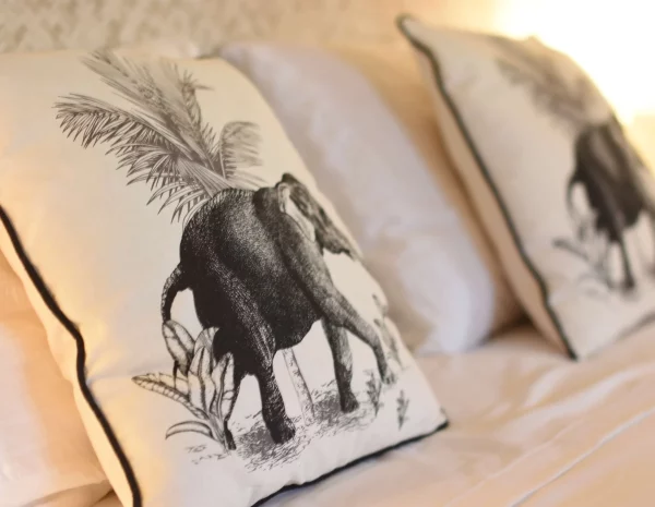 Coco, coussins beige avec impression éléphants noir hébergement coco carïb Deshaies Guadeloupe