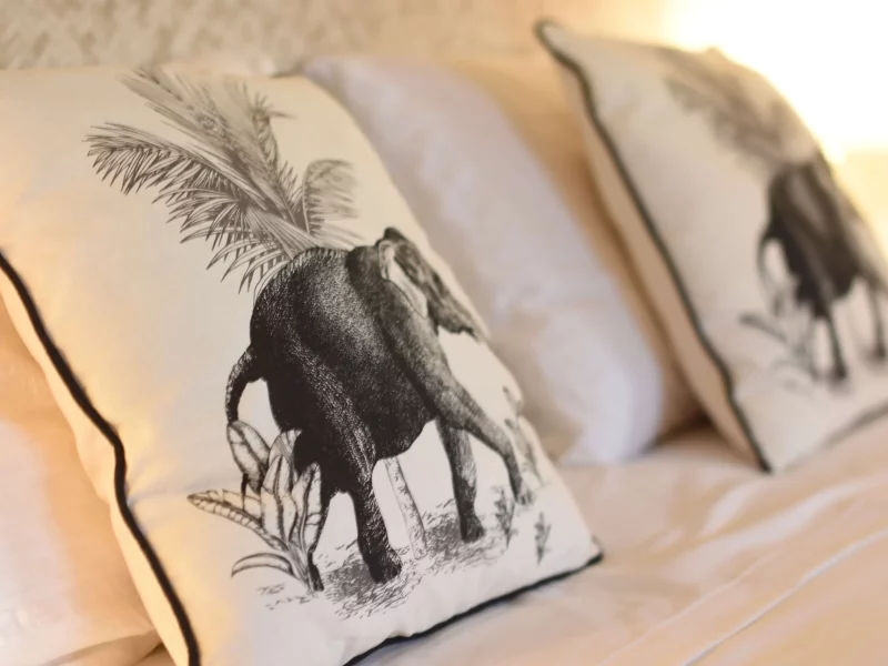 Coco, coussins beige avec impression éléphants noir hébergement coco carïb Deshaies Guadeloupe